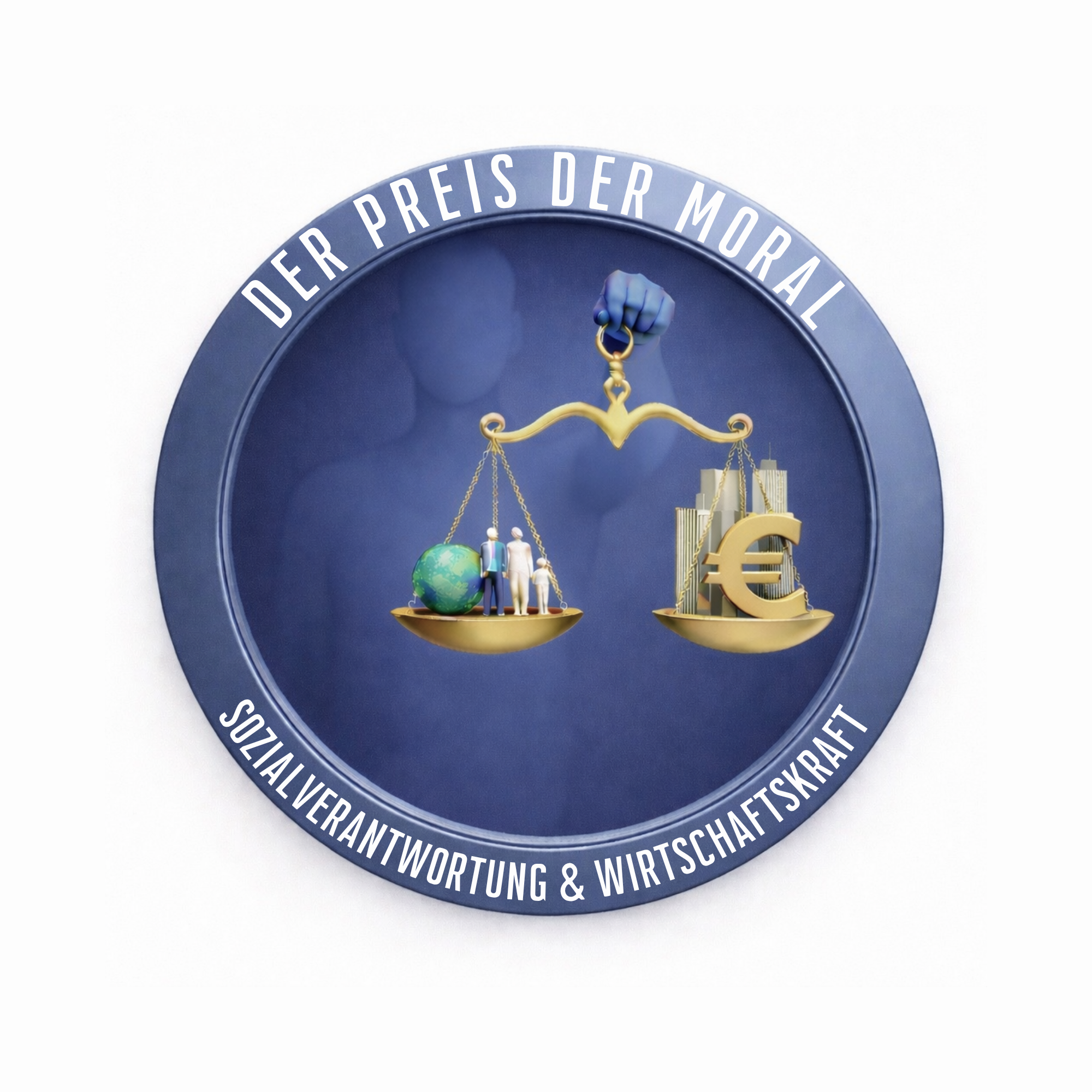 Eine Waage im Gleichgewicht, die rechts Wolkenkratzer und Euro-Symbol und links Menschen und die Weltkugel trägt. 