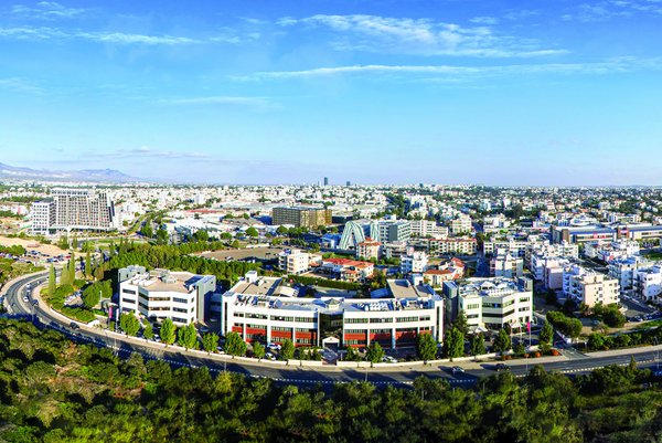 Sunny aerial view of Nicosia city including the University of Nicosia