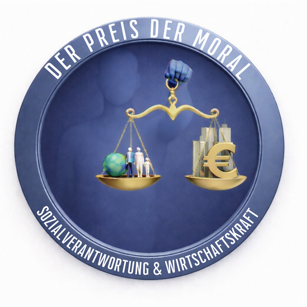 Eine Waage im Gleichgewicht, die rechts Wolkenkratzer und Euro-Symbol und links Menschen und die Weltkugel trägt. 